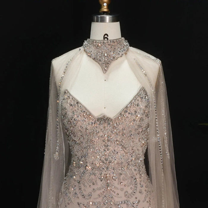 Elegant Champagne Beaded Cape Evening Dress with High Neck SS135-DreamyVow