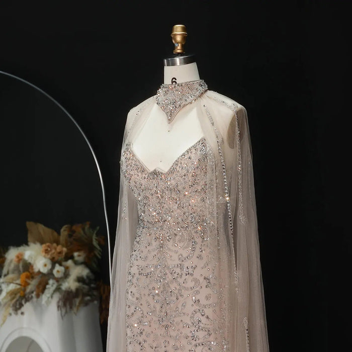 Elegant Champagne Beaded Cape Evening Dress with High Neck SS135-DreamyVow