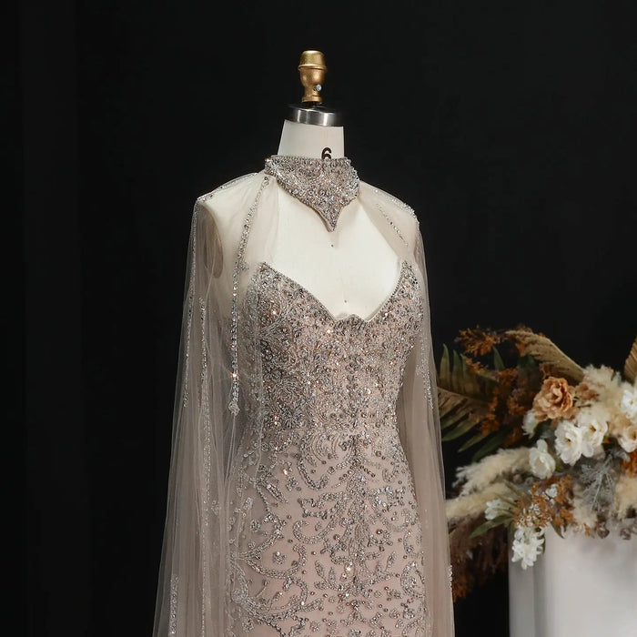 Elegant Champagne Beaded Cape Evening Dress with High Neck SS135-DreamyVow