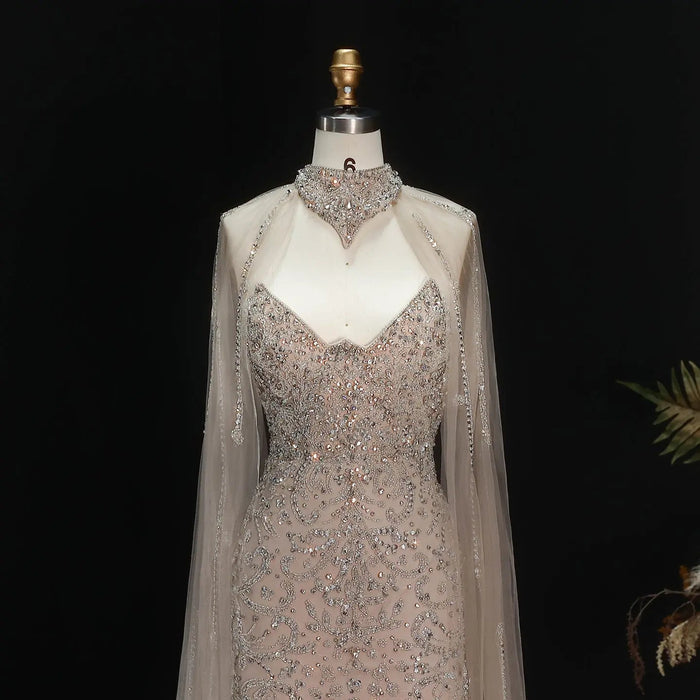 Elegant Champagne Beaded Cape Evening Dress with High Neck SS135-DreamyVow