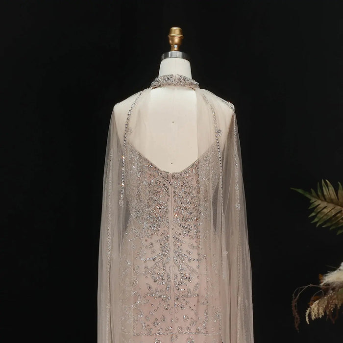 Elegant Champagne Beaded Cape Evening Dress with High Neck SS135-DreamyVow