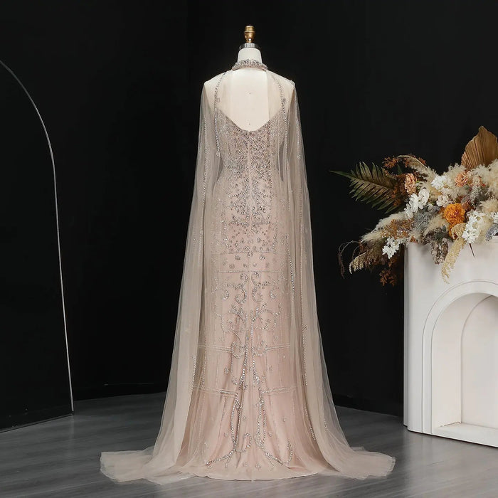 Elegant Champagne Beaded Cape Evening Dress with High Neck SS135-DreamyVow
