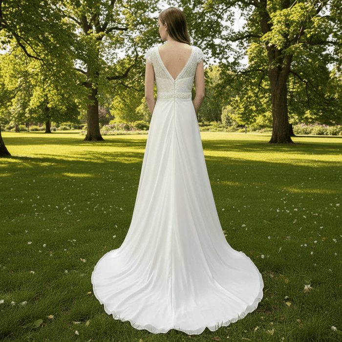 Elegant Chiffon Sheath Vneck Wedding Dresses with Capped Sleeve - Rosymae
