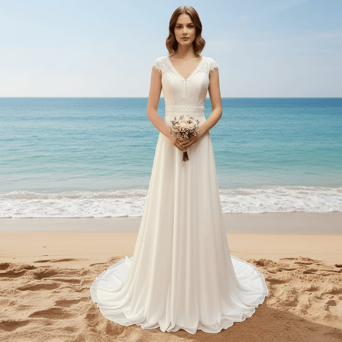 Elegant Chiffon Sheath Vneck Wedding Dresses with Capped Sleeve - Rosymae
