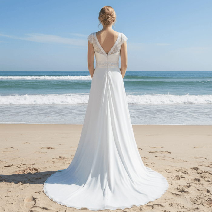 Elegant Chiffon Sheath Vneck Wedding Dresses with Capped Sleeve - Rosymae