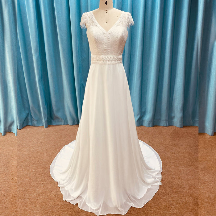 Elegant Chiffon Sheath Vneck Wedding Dresses with Capped Sleeve - Rosymae