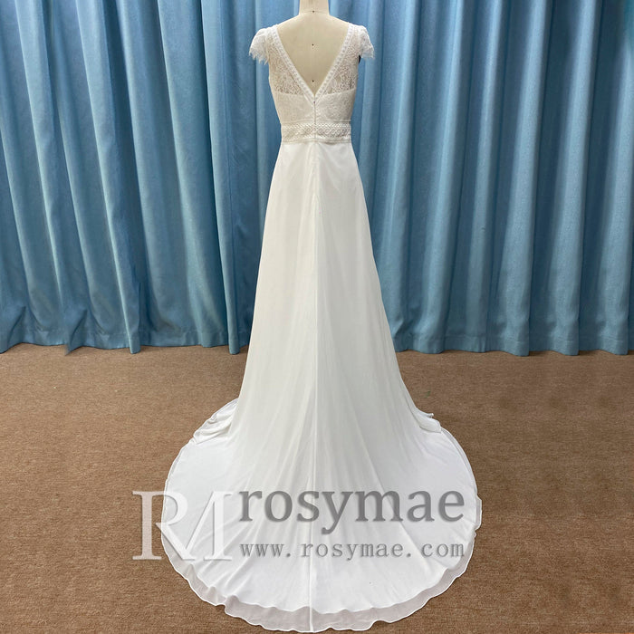 Elegant Chiffon Sheath Vneck Wedding Dresses with Capped Sleeve - Rosymae