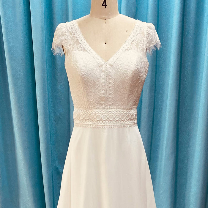 Elegant Chiffon Sheath Vneck Wedding Dresses with Capped Sleeve - Rosymae