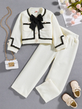 Elegant Cream Girls' Jacket and Pants Set with Black Bow Accent Mia Belle Girls