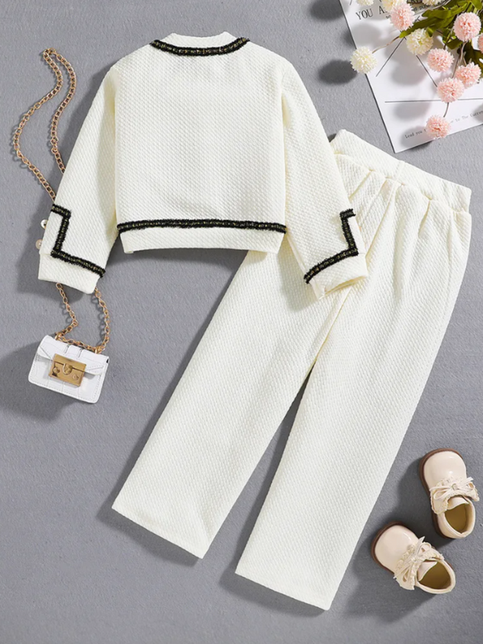Elegant Cream Girls' Jacket and Pants Set with Black Bow Accent Mia Belle Girls