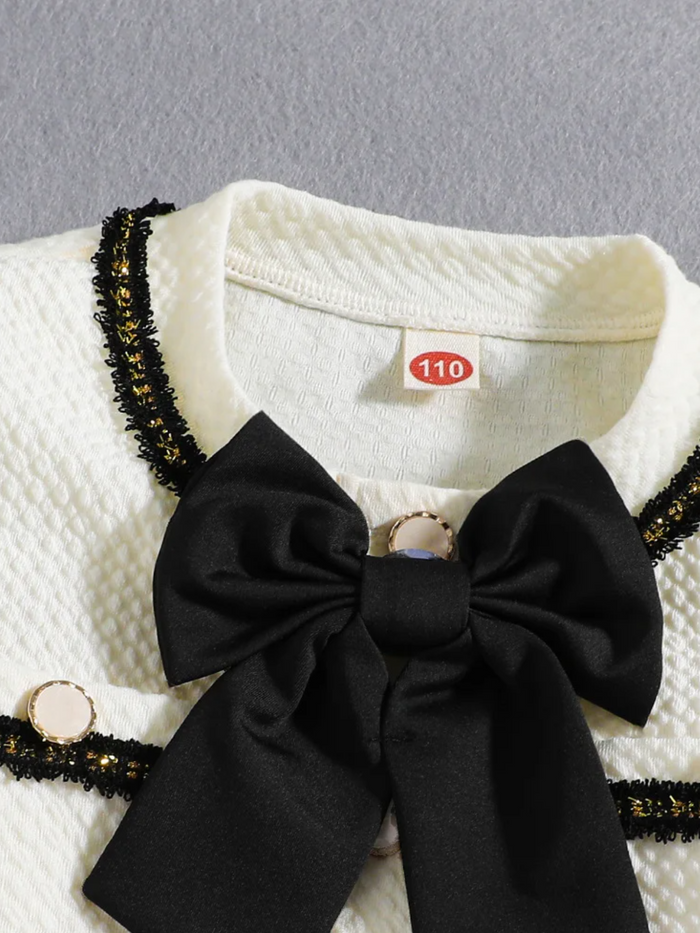 Elegant Cream Girls' Jacket and Pants Set with Black Bow Accent Mia Belle Girls