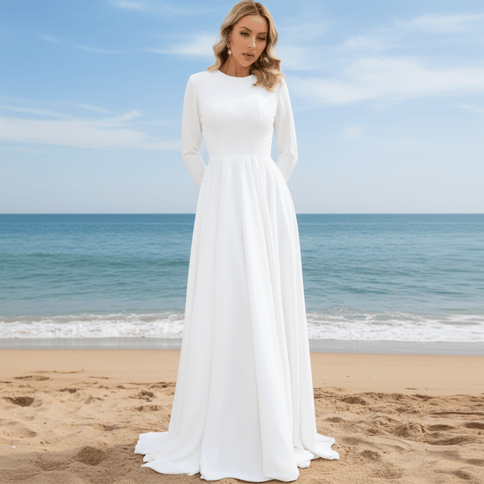Elegant Crew Neck Long Sleeve A-line Wedding Dresses with Pocket - Rosymae