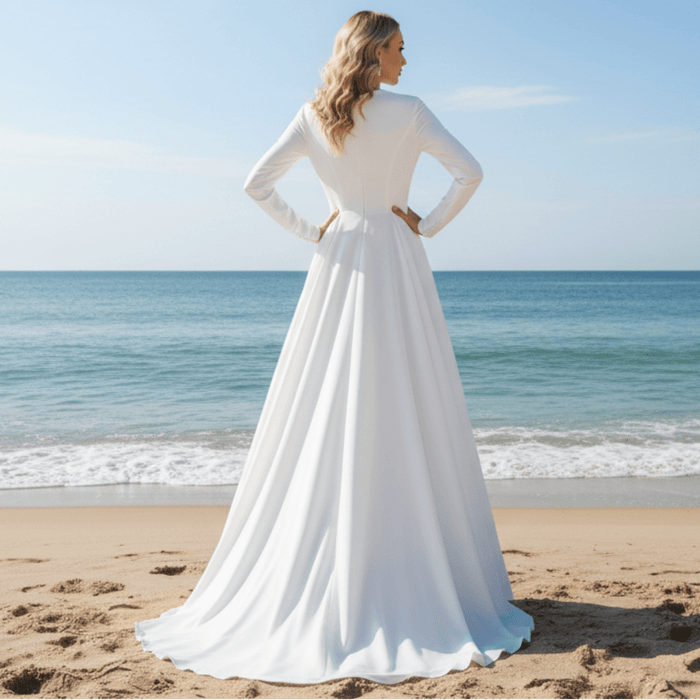 Elegant Crew Neck Long Sleeve A-line Wedding Dresses with Pocket - Rosymae