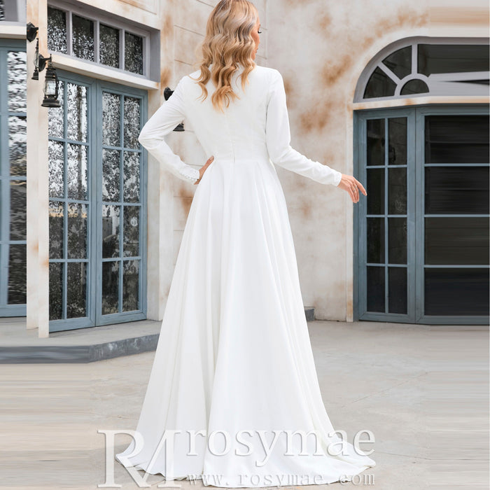 Elegant Crew Neck Long Sleeve A-line Wedding Dresses with Pocket - Rosymae