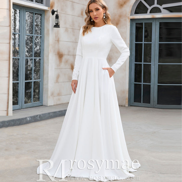 Elegant Crew Neck Long Sleeve A-line Wedding Dresses with Pocket - Rosymae