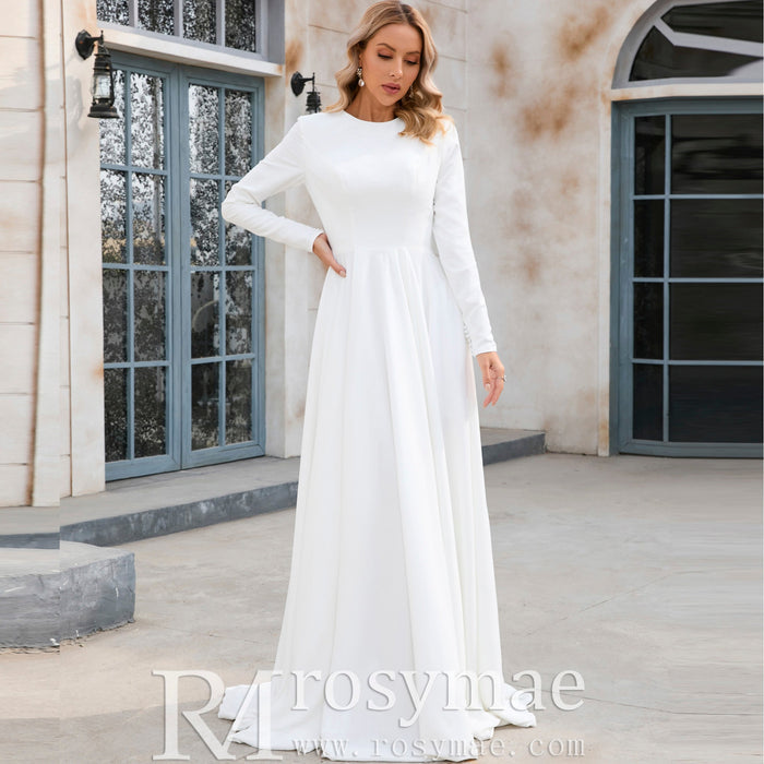 Elegant Crew Neck Long Sleeve A-line Wedding Dresses with Pocket - Rosymae