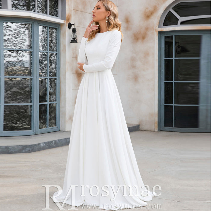 Elegant Crew Neck Long Sleeve A-line Wedding Dresses with Pocket - Rosymae