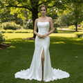 Elegant Curve Neck Strapless Satin Wedding Dress with Leg Slit for Bride - Rosymae
