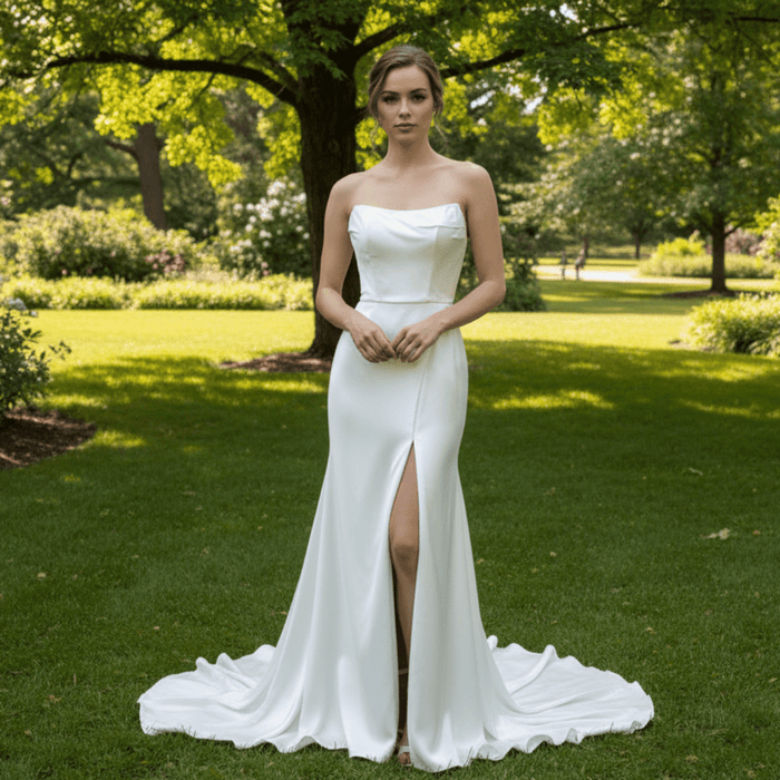 Elegant Curve Neck Strapless Satin Wedding Dress with Leg Slit for Bride - Rosymae