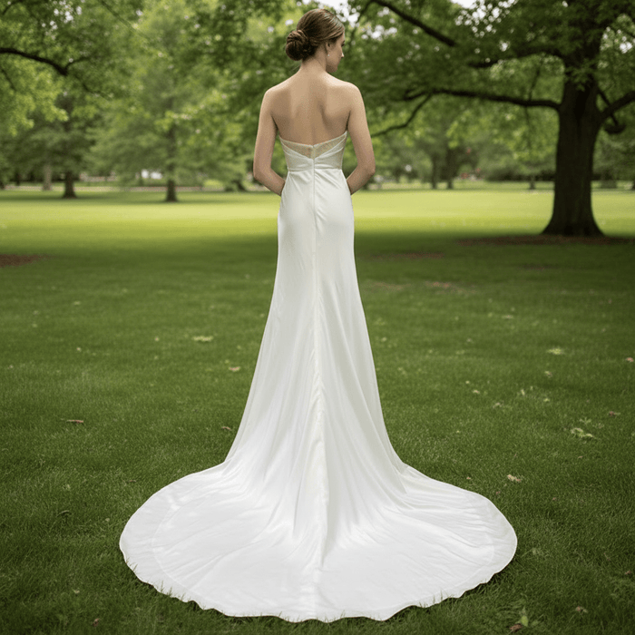 Elegant Curve Neck Strapless Satin Wedding Dress with Leg Slit for Bride - Rosymae
