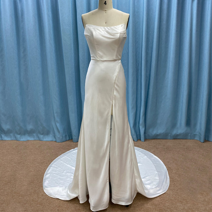 Elegant Curve Neck Strapless Satin Wedding Dress with Leg Slit for Bride - Rosymae