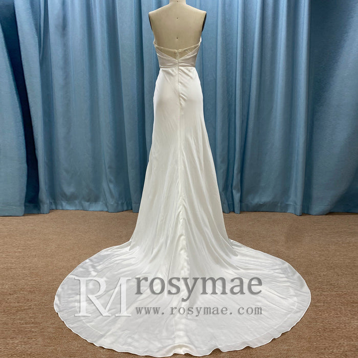 Elegant Curve Neck Strapless Satin Wedding Dress with Leg Slit for Bride - Rosymae