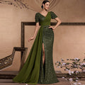 Elegant Dark Green Short Sleeve Vneck Sparkly Prom Dresses with Leg Slit - Rosymae