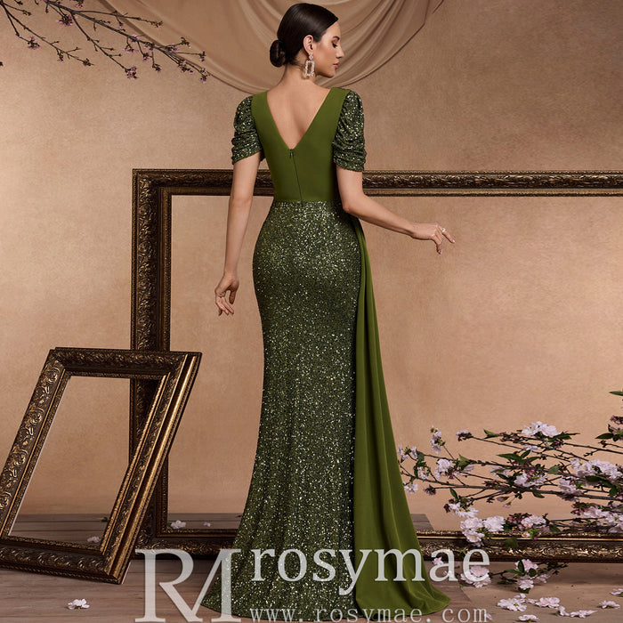 Elegant Dark Green Short Sleeve Vneck Sparkly Prom Dresses with Leg Slit - Rosymae