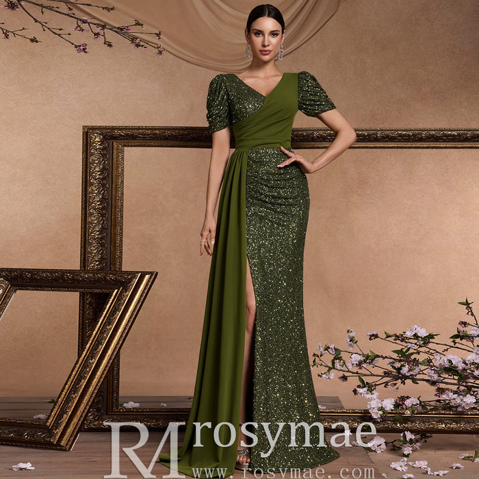 Elegant Dark Green Short Sleeve Vneck Sparkly Prom Dresses with Leg Slit - Rosymae