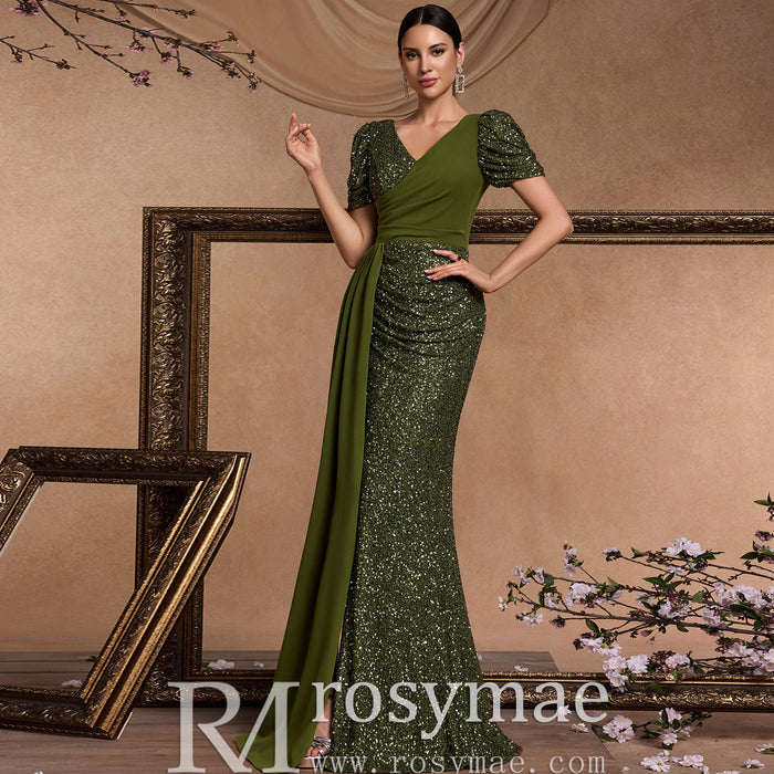 Elegant Dark Green Short Sleeve Vneck Sparkly Prom Dresses with Leg Slit - Rosymae