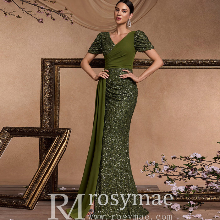 Elegant Dark Green Short Sleeve Vneck Sparkly Prom Dresses with Leg Slit - Rosymae