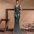 Elegant Deep V-Neck Sparkly Mermaid Prom Dress with Open Back - Rosymae