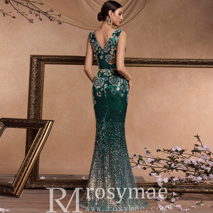 Elegant Deep V-Neck Sparkly Mermaid Prom Dress with Open Back - Rosymae