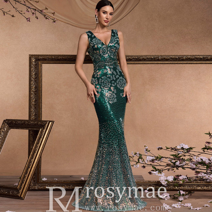 Elegant Deep V-Neck Sparkly Mermaid Prom Dress with Open Back - Rosymae