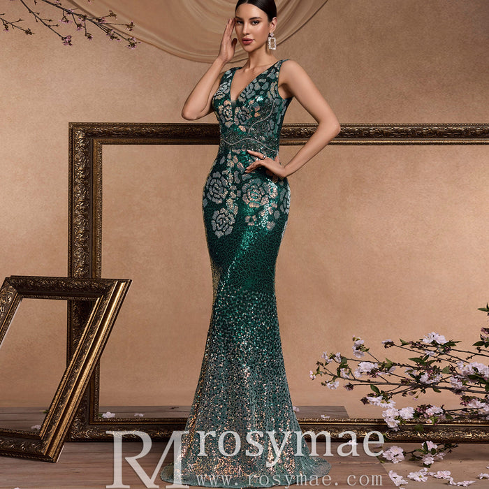 Elegant Deep V-Neck Sparkly Mermaid Prom Dress with Open Back - Rosymae