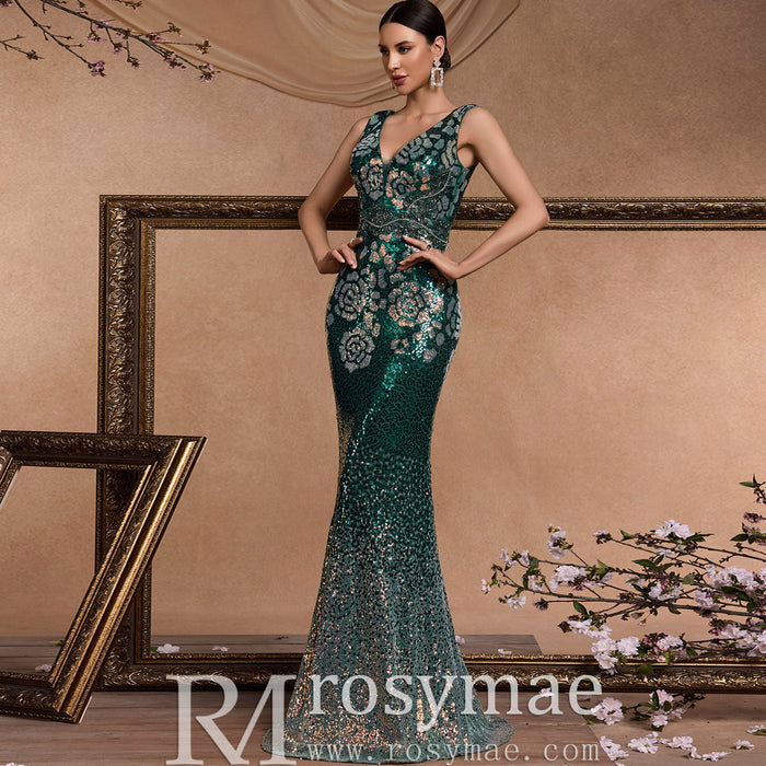 Elegant Deep V-Neck Sparkly Mermaid Prom Dress with Open Back - Rosymae