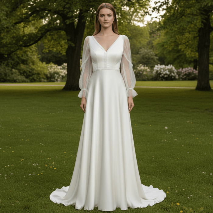 Elegant Deep V-Neck Wedding Dresses with Sheer Sleeves - Rosymae
