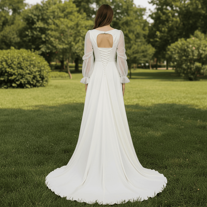 Elegant Deep V-Neck Wedding Dresses with Sheer Sleeves - Rosymae