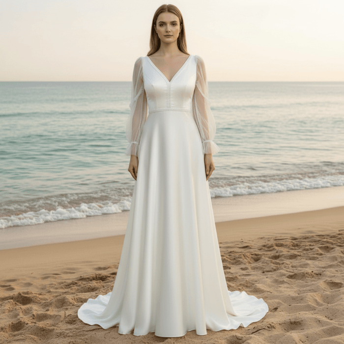 Elegant Deep V-Neck Wedding Dresses with Sheer Sleeves - Rosymae