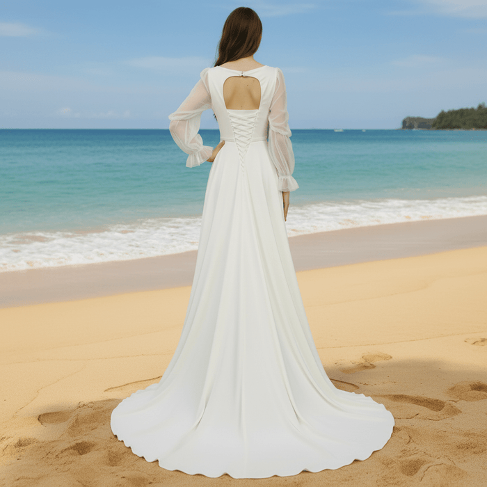 Elegant Deep V-Neck Wedding Dresses with Sheer Sleeves - Rosymae