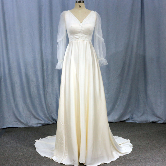 Elegant Deep V-Neck Wedding Dresses with Sheer Sleeves - Rosymae