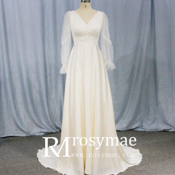 Elegant Deep V-Neck Wedding Dresses with Sheer Sleeves - Rosymae