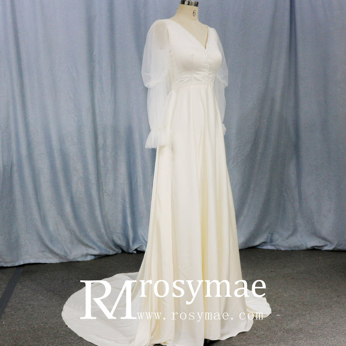 Elegant Deep V-Neck Wedding Dresses with Sheer Sleeves - Rosymae