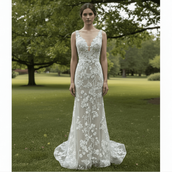 Elegant Fit and Flare Sheer Neck Lace Wedding Dress with V-neck - Rosymae