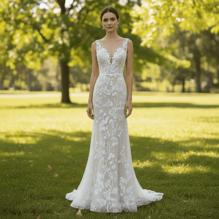 Elegant Fit and Flare Sheer Neck Lace Wedding Dress with V-neck - Rosymae