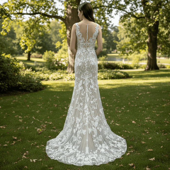 Elegant Fit and Flare Sheer Neck Lace Wedding Dress with V-neck - Rosymae