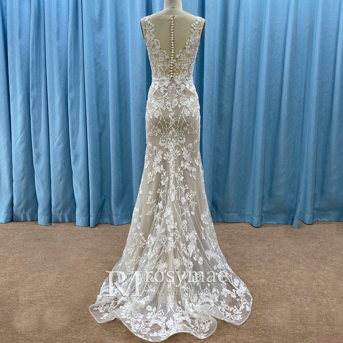 Elegant Fit and Flare Sheer Neck Lace Wedding Dress with V-neck - Rosymae
