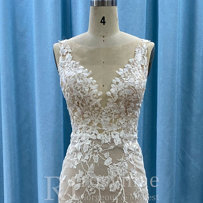 Elegant Fit and Flare Sheer Neck Lace Wedding Dress with V-neck - Rosymae
