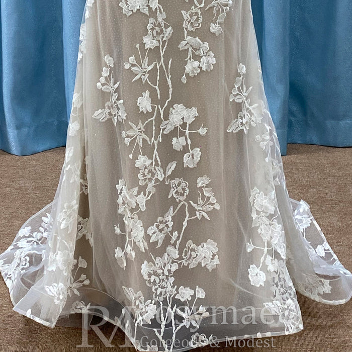 Elegant Fit and Flare Sheer Neck Lace Wedding Dress with V-neck - Rosymae