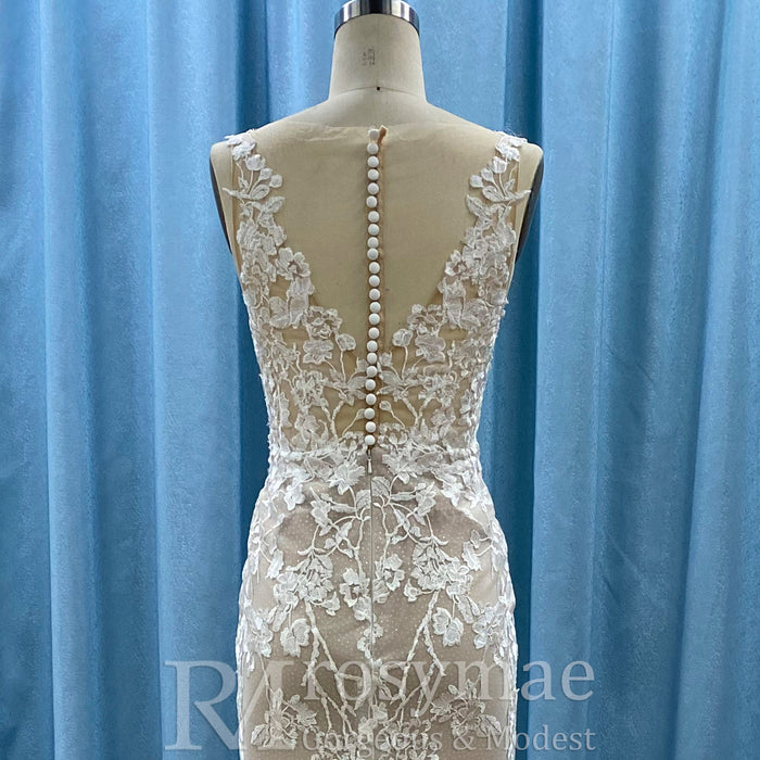 Elegant Fit and Flare Sheer Neck Lace Wedding Dress with V-neck - Rosymae